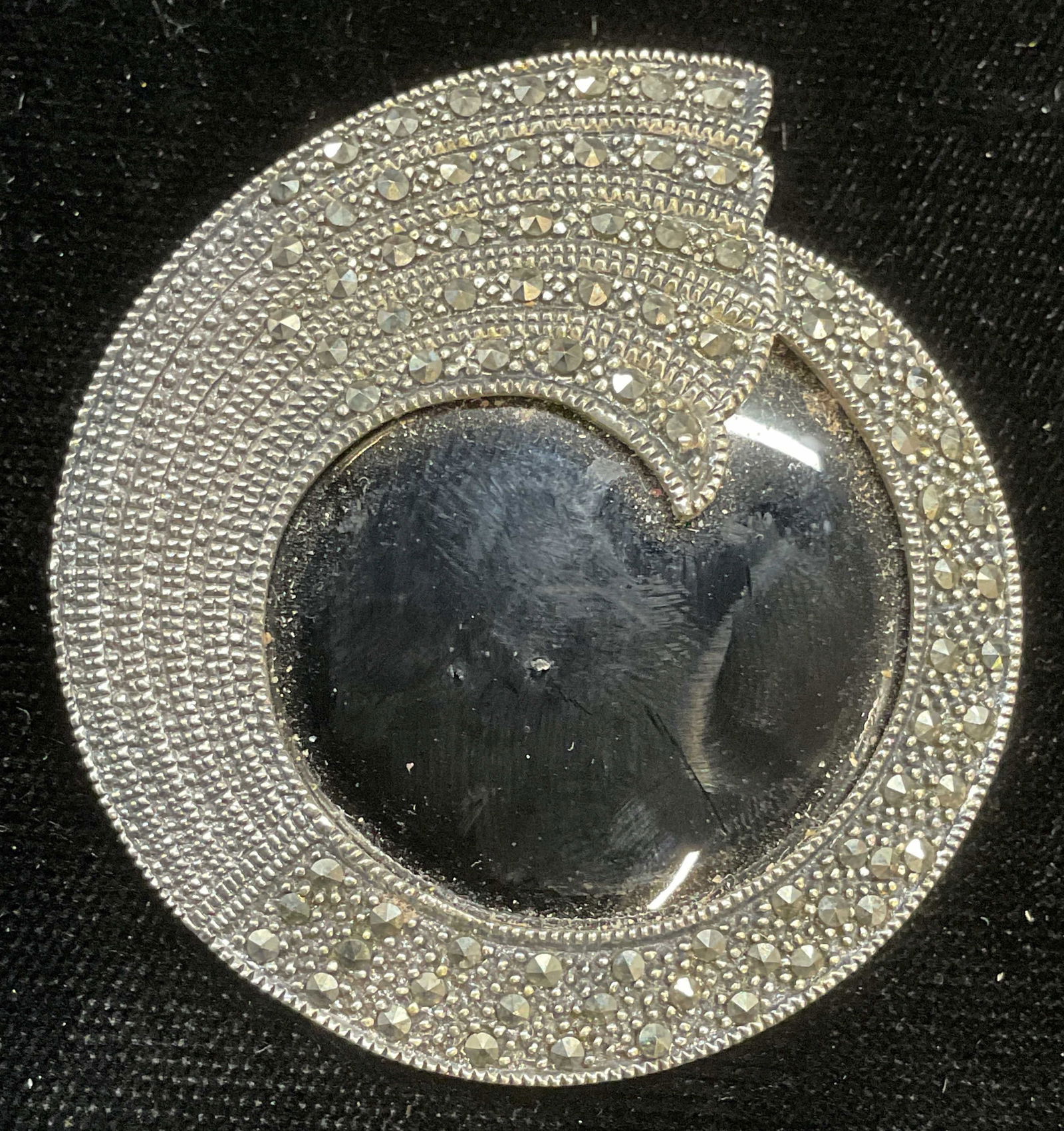 Sgn Art Deco Sterling Silver Onyx Marcasite Brooch (1 of 7)