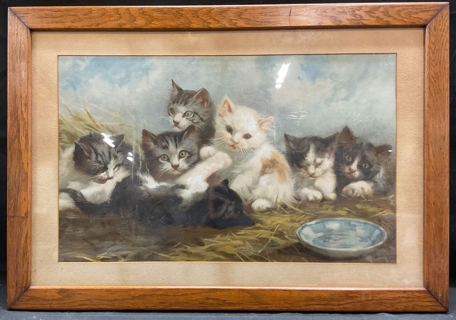Framed Antique Newcomb Kittens Chromolithograph (1 of 6)
