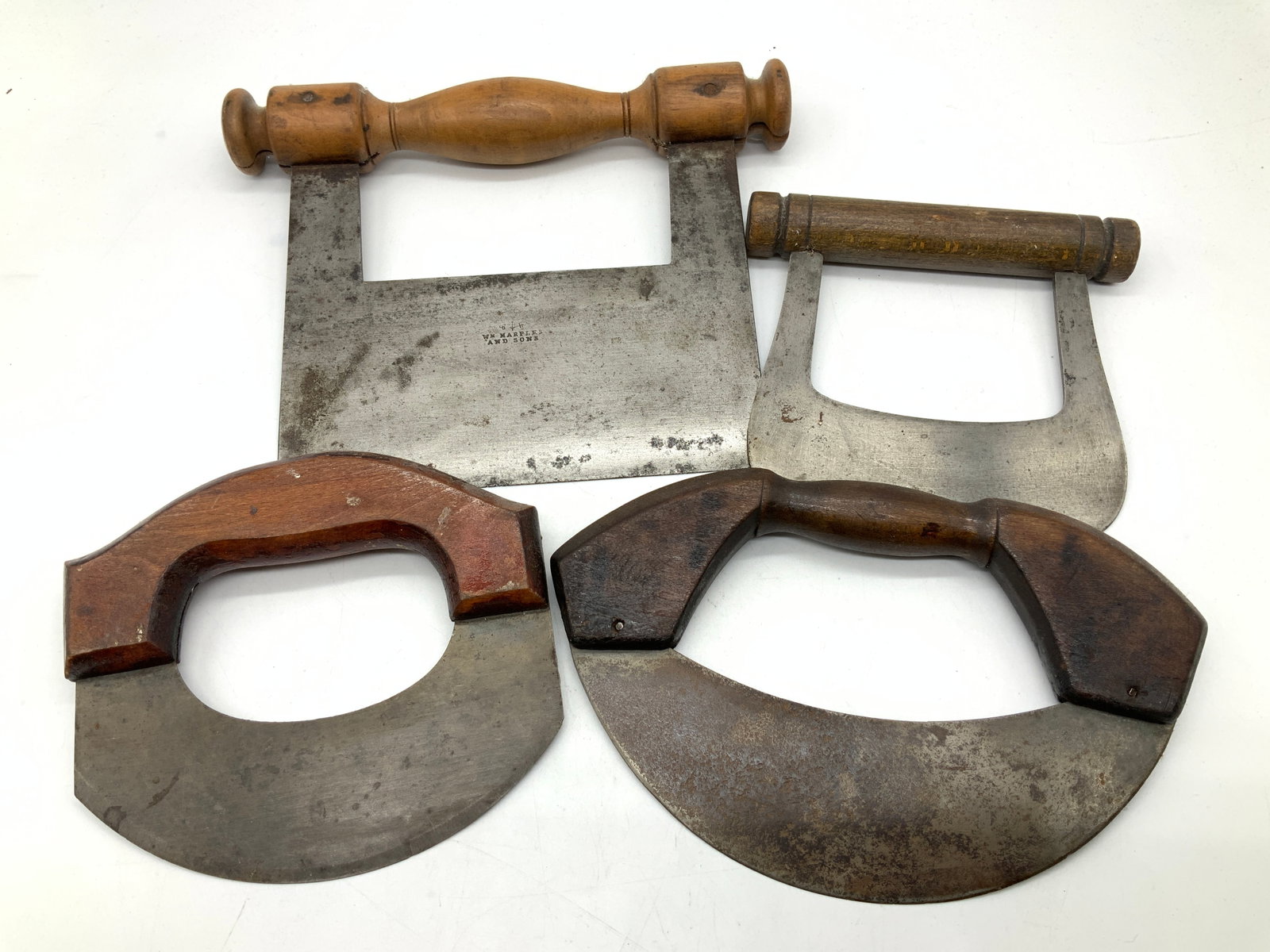 Lot 4 Antq Metal & Wood Choppers WM MARPLES&Sons+: Lot 4 Antq Stainless & Wooden Choppers MARPLES+ Choppers feature a curved or square blade with wooden handles. Blades appear to be stainless steel/metal. One chopper reads WM MARPLES & SONS. Surface w