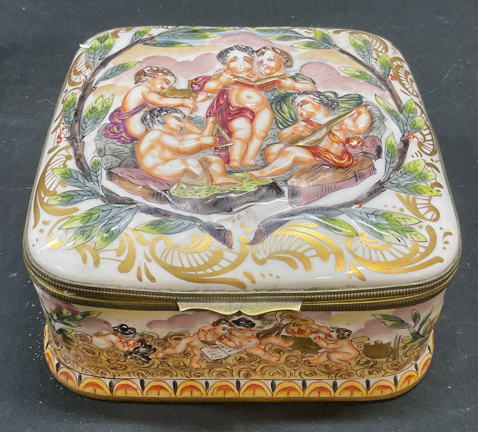 Vtg Capodimonte Relief Porcelain Cherub Box Italy (1 of 8)