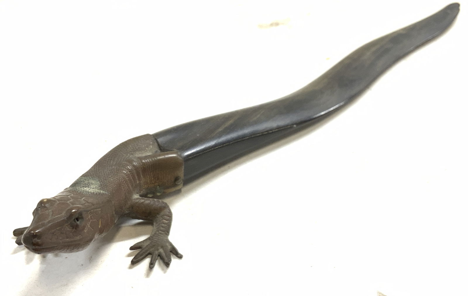 Antq Advert Gilt Metal & Bone Lizard Letter Opener: Antique advert, promo, promotional items. Front Monitor lizard is gilt metal. Piece has relief to show scales and facial detail. Backside is black toned carved horn / bone with script monogram which r