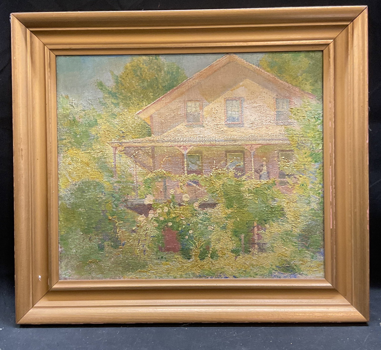 Antique Framed Connecticut Scene Oil Painting: Antique framed oil on canvas painting. Verso reads William Webster Austin Home, Silvermine Connecticut. Pastoral scene with exterior view of home, figure standing on porch, and landscaping. Gilt wood 