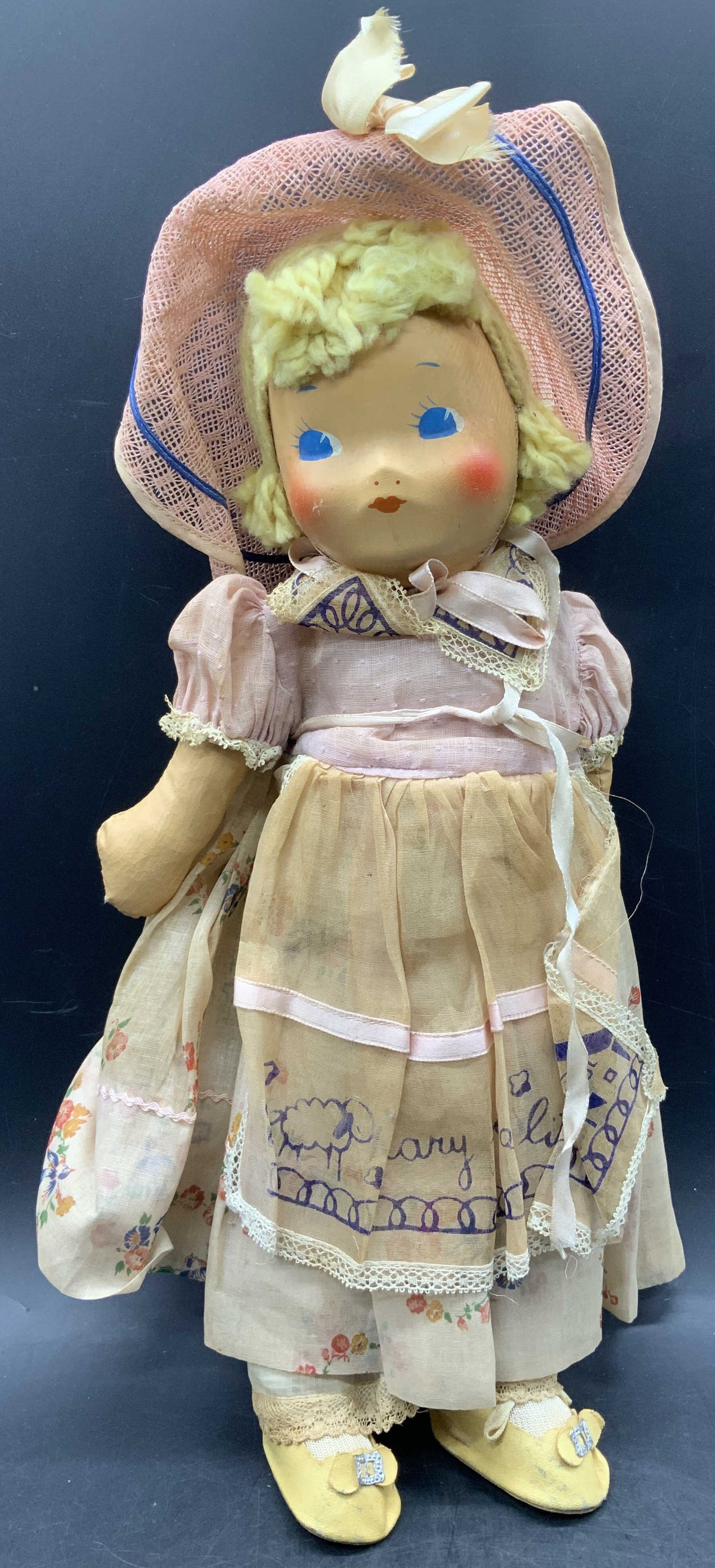 Antique Mary Had a Little Lamb Dressed Floral Doll: Antique Mary Had a Little Lamb Hand Made Doll Antique Mary Had a Little Lamb doll. Doll features blonde hair, blue eyes & is dressed in an hand-painted linen dress. Doll is wearing hand-made leather s