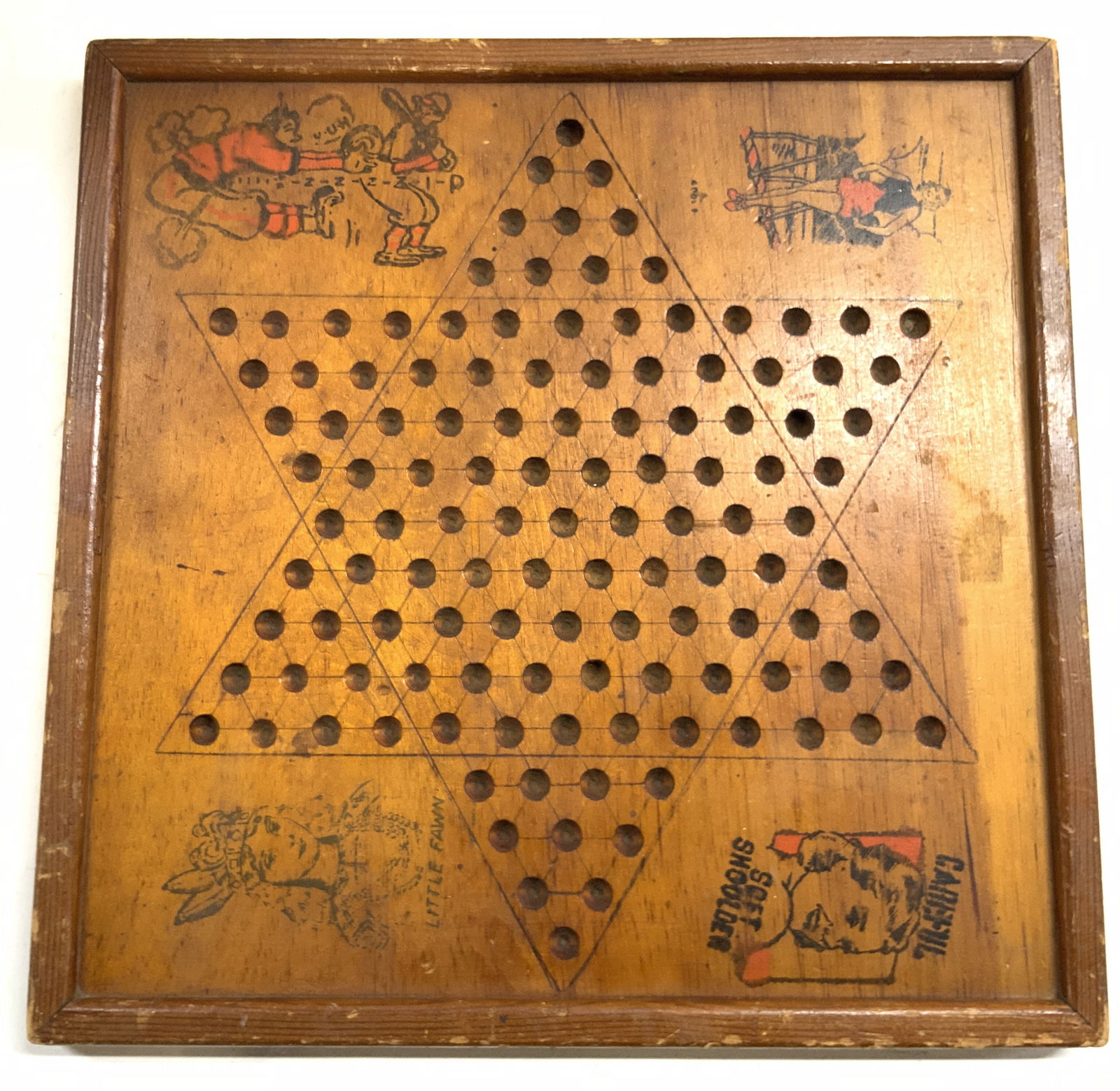 Vtg Hand Painted Wooden Chinese Checkerboard: Chinese checkerboard is vintage and wooden. Piece is tan toned. Board has black and red toned detail. Possibly painted by hand, female figure LITTLE FAWN, CAREFUL SOFT SHOULDER, A full body image of a