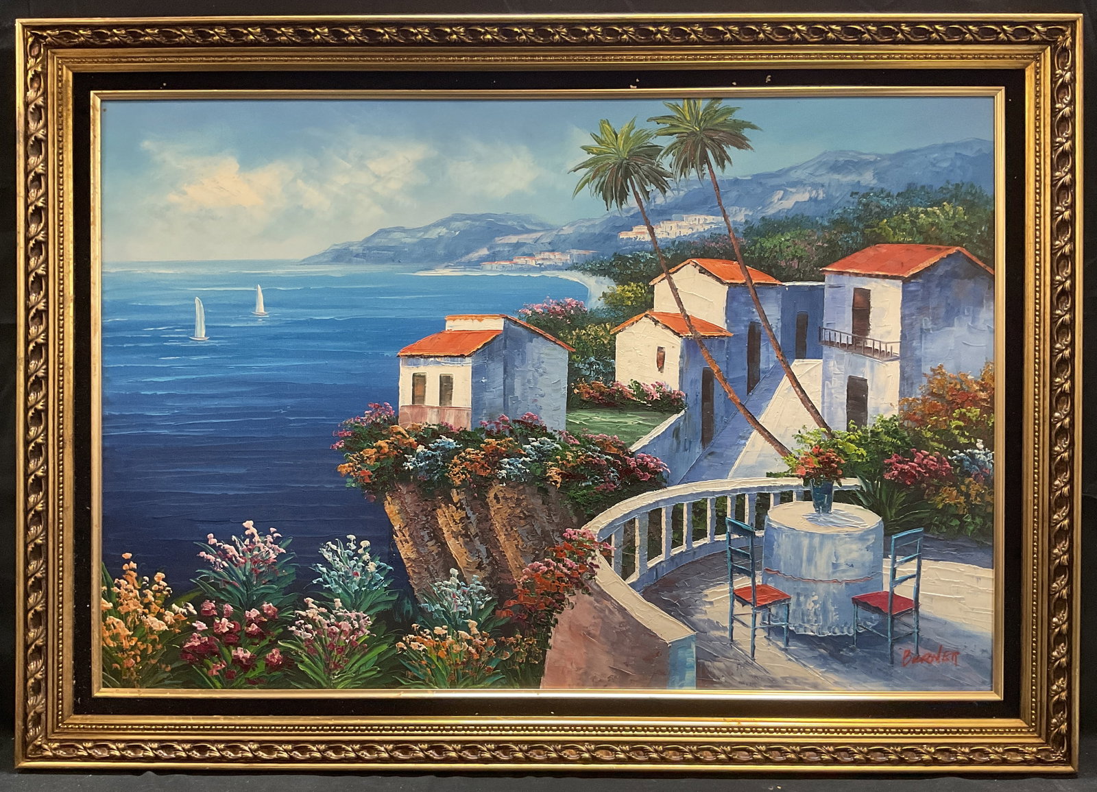 Signed Burnett Coastal Landscape Oil Painting 41in: Framed oil on canvas painting. Signed at lower right, Burnett. Coastal landscape scene with view of boats in water and houses. Vibrant palette of blue and green. Decorative gilt wood frame. Not examin