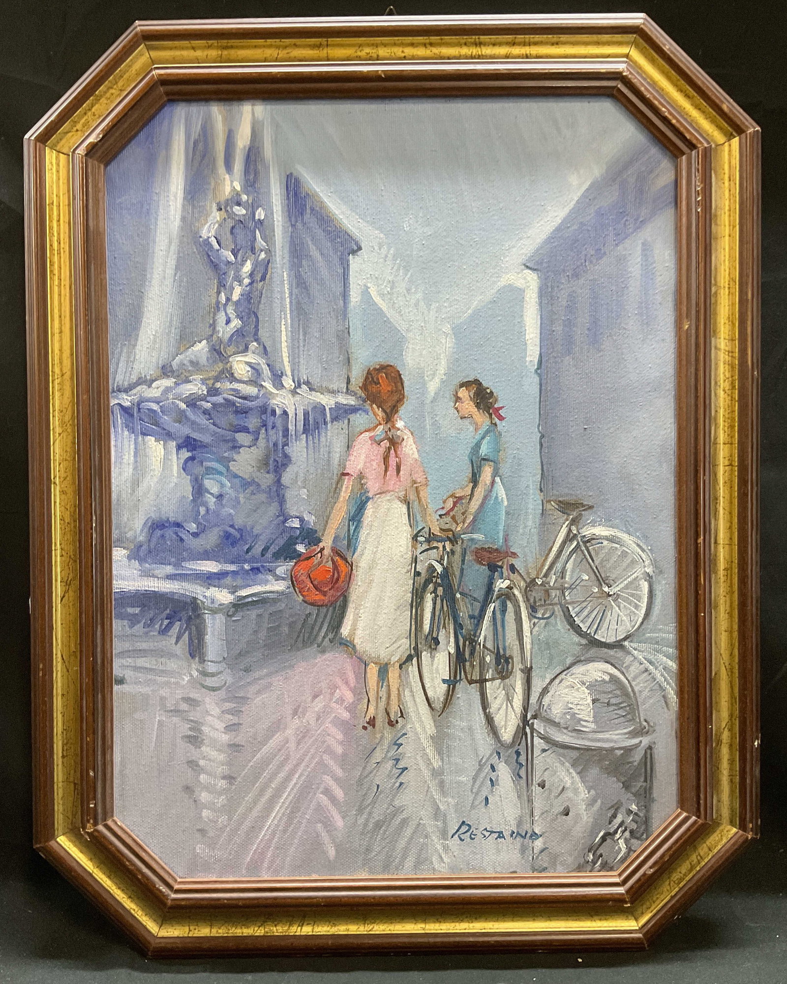 Sgn Mario Restaino Ragazze Oil Painting COA: Framed oil on canvas painting. Signed at lower right Restaino. Signed and inscribed on verso, Mario Restaino. Inscription illegible. Certificate of authenticity from Galleria Il Mondo Dell Arte affixe