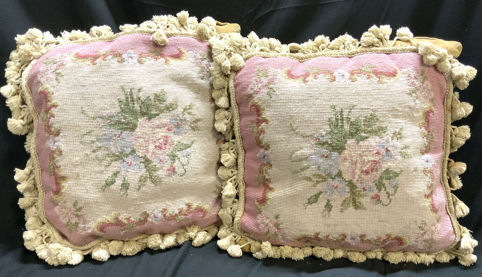 Pr Antique Needlepoint Tasseled Pillows (1 of 8)