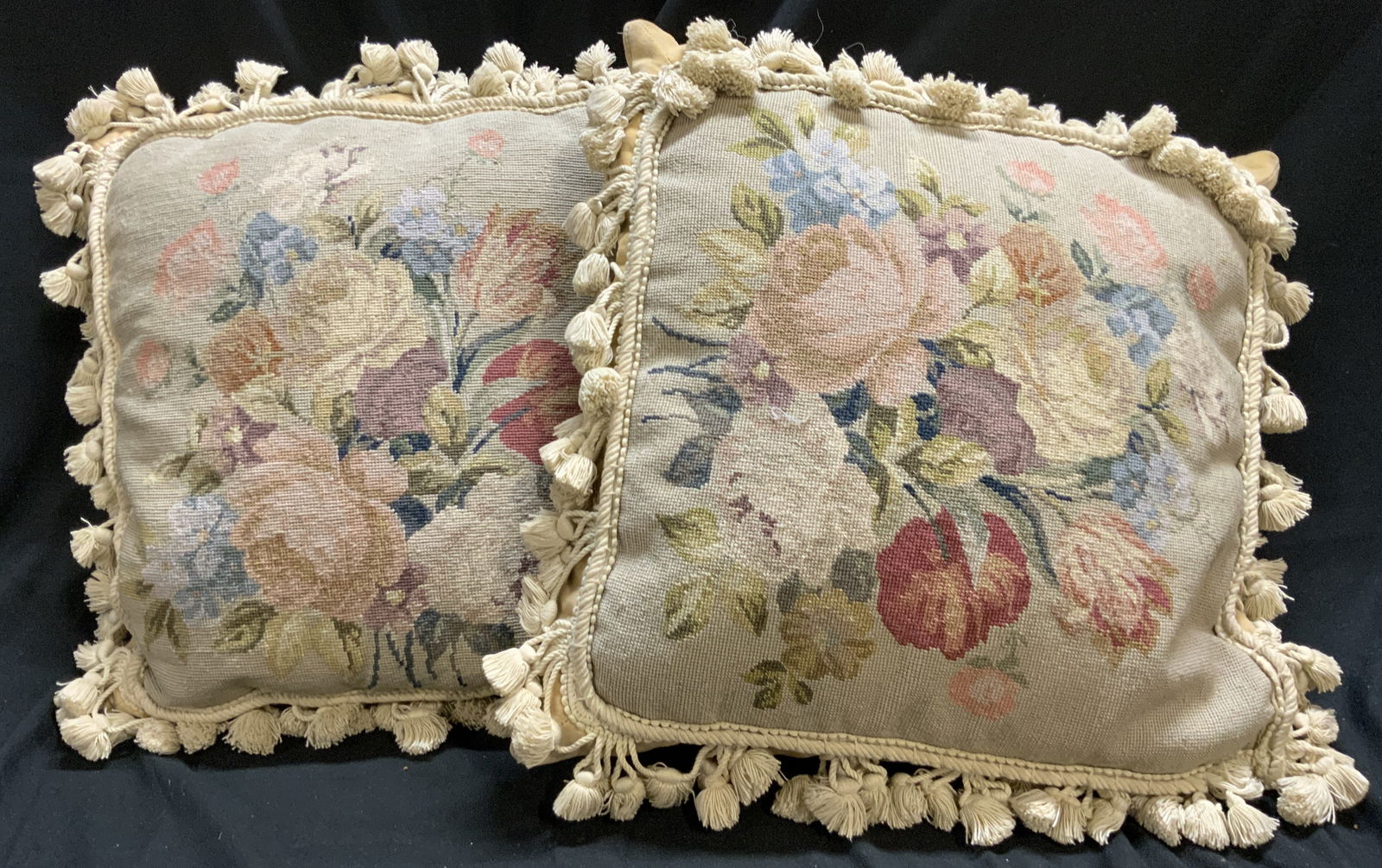 Pr Antique Needlepoint Tasseled Pillows (1 of 8)