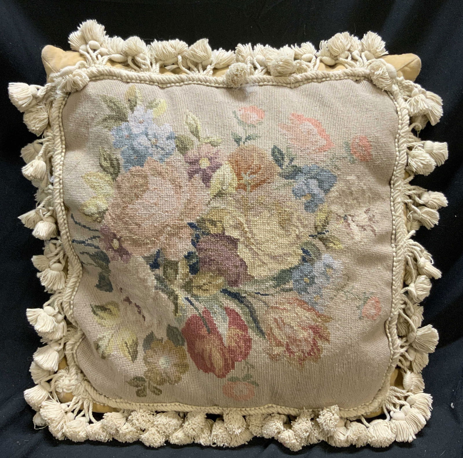 Antique Floral Needlepoint Tasseled Pillow (1 of 8)