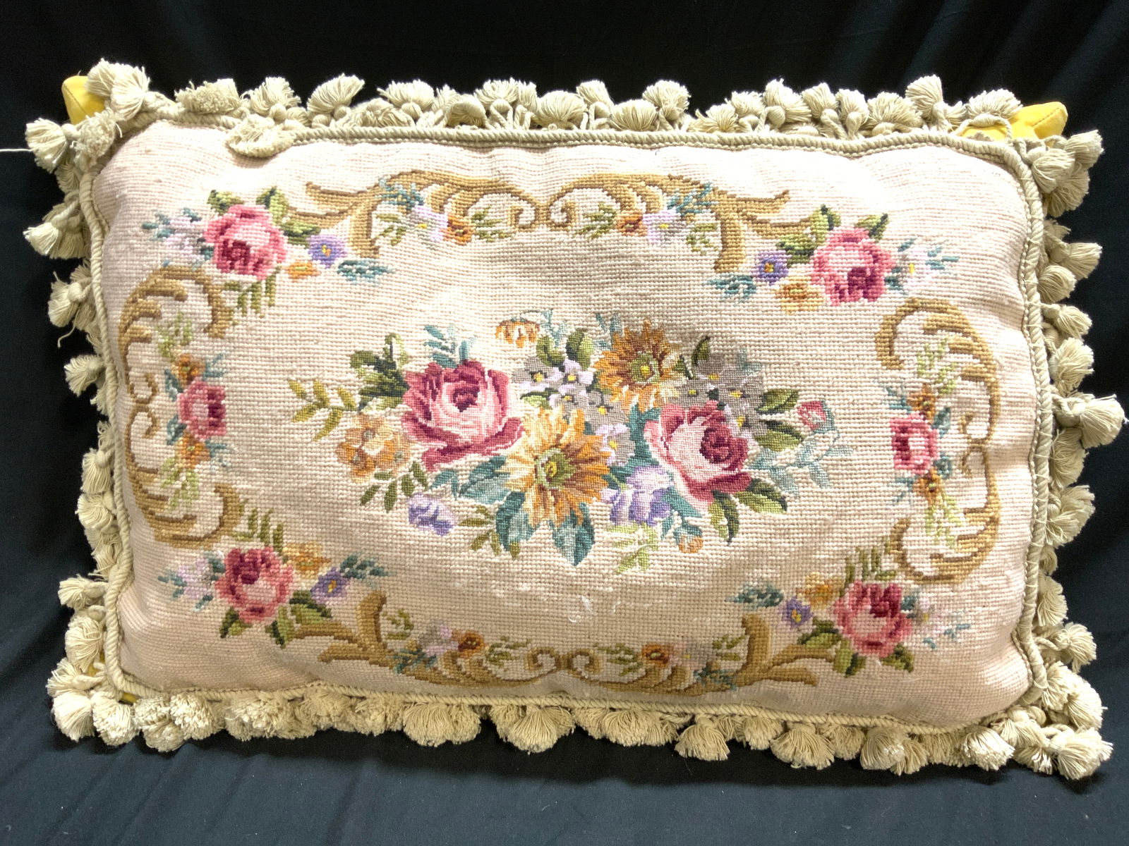 Antique French Floral Needlepoint Tasseled Pillow (1 of 8)