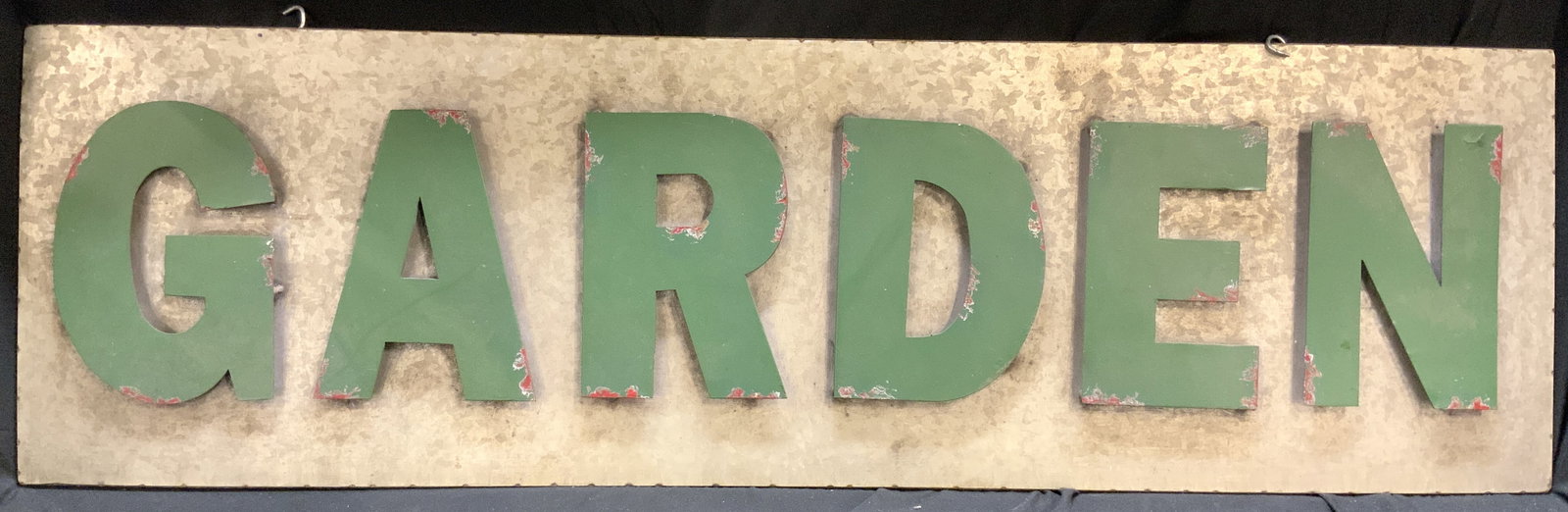 Antq GARDEN Metal Sign W Metal Cutout Letters 48in: Sign is Antique. Piece reads GARDEN With green toned metal letter cutouts. Sign has silver toned metal base with rectangular form. Sign measures approximately 48 inches long 14 inches tall. Sign, gard