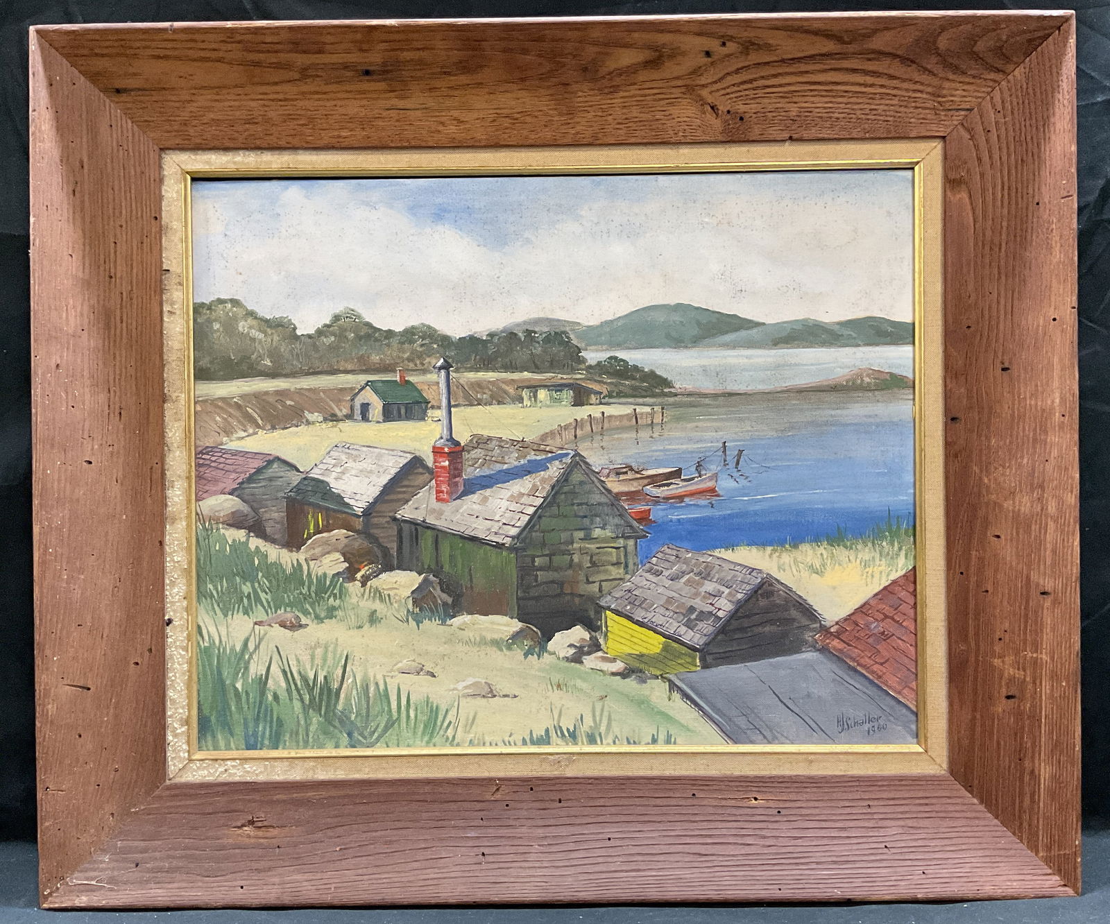 Signed Schaller Landscape Boats Oil Painting 1960 (1 of 6)