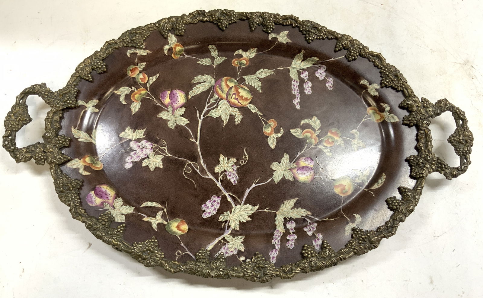 CASTILLAN Hnd Pntd Stoneware Tray Brass Rim 25in (1 of 9)