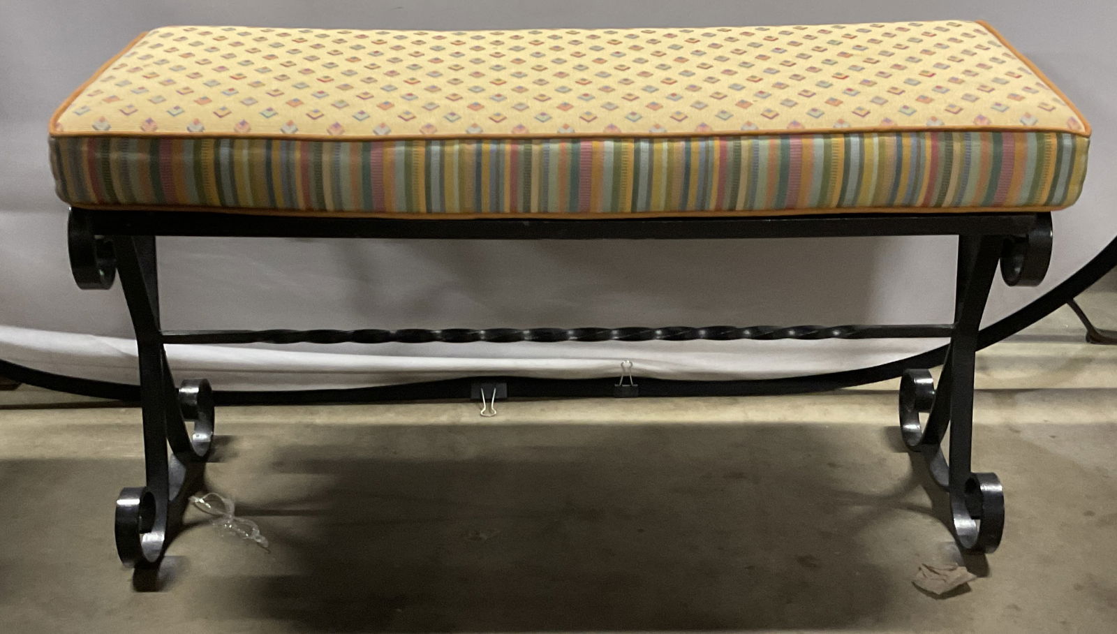 Black Wrought Iron Bench with Cushion (1 of 6)