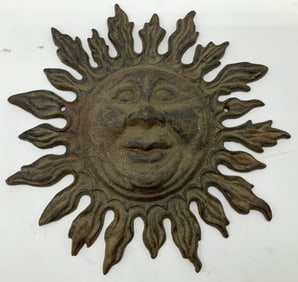 Antique Cast Iron Smiling Sun Face Plaque 10in
