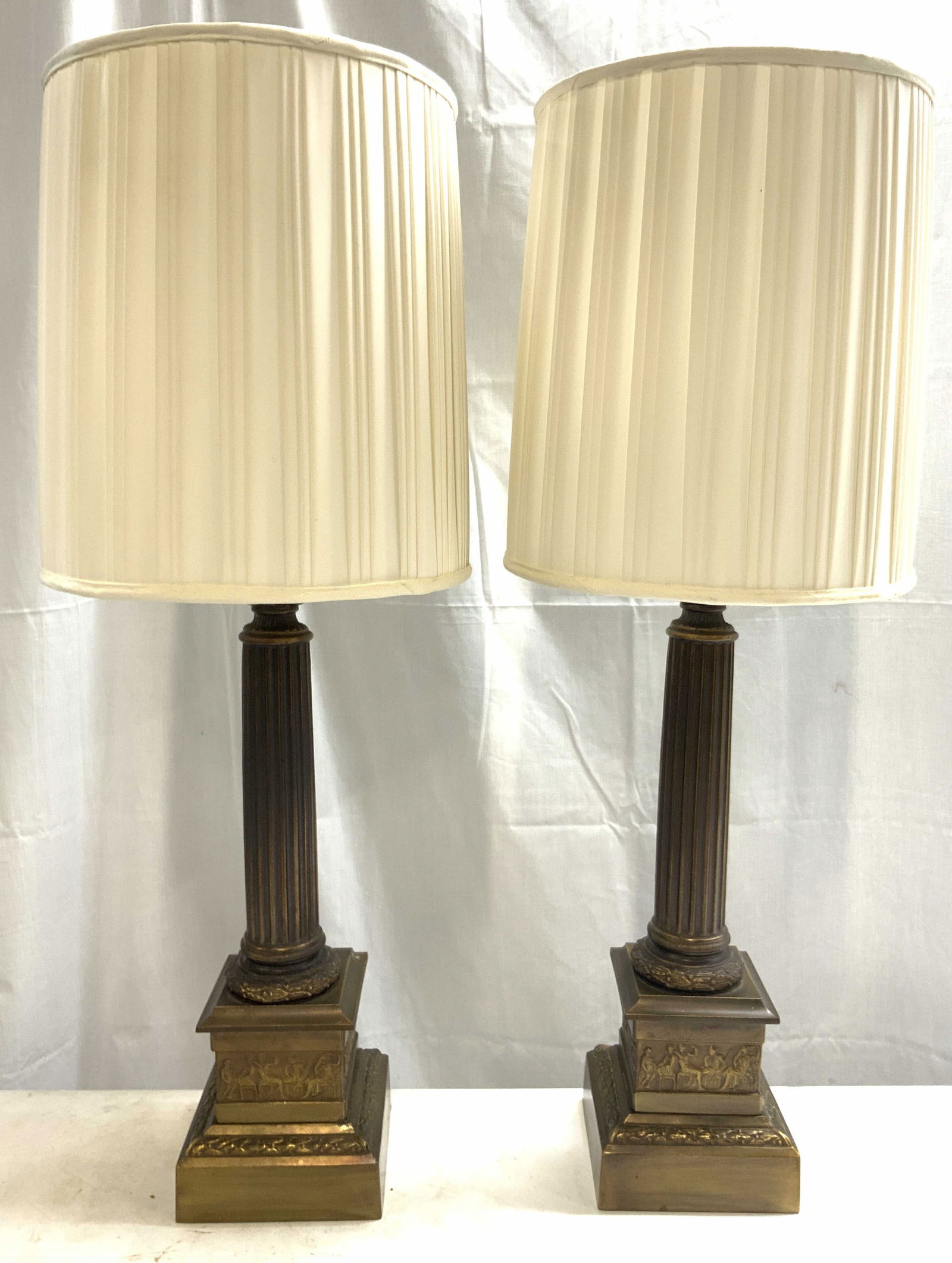 Pr Vntg Brass Column Tbl Lamps W Pltd Shades (1 of 8)