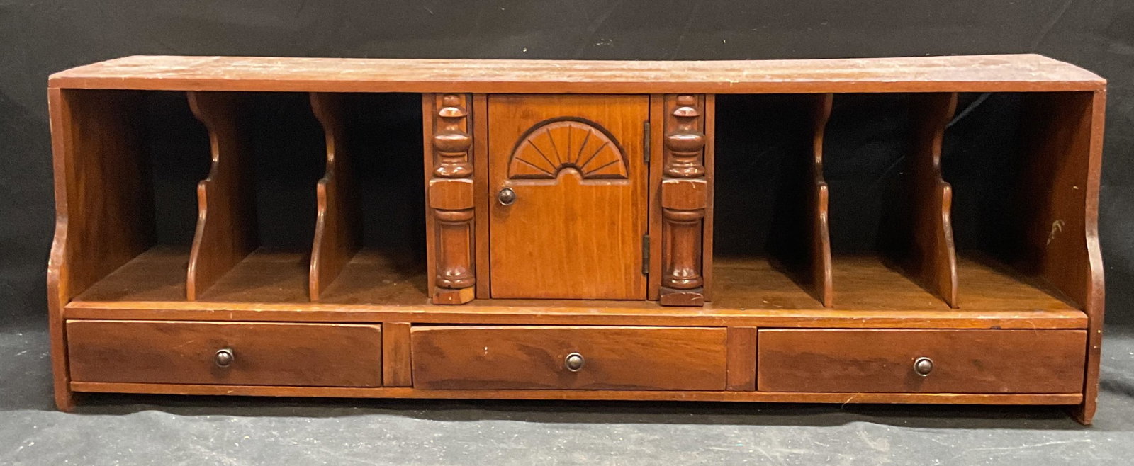Antq Federal Style Wood Secretary Desk Insert 27in: Antique Federal style wooden secretary desk insert. Open compartments central hinged door cabinet with decorative door motif flanked with carved wood column motif hidden pull out compartments and thre