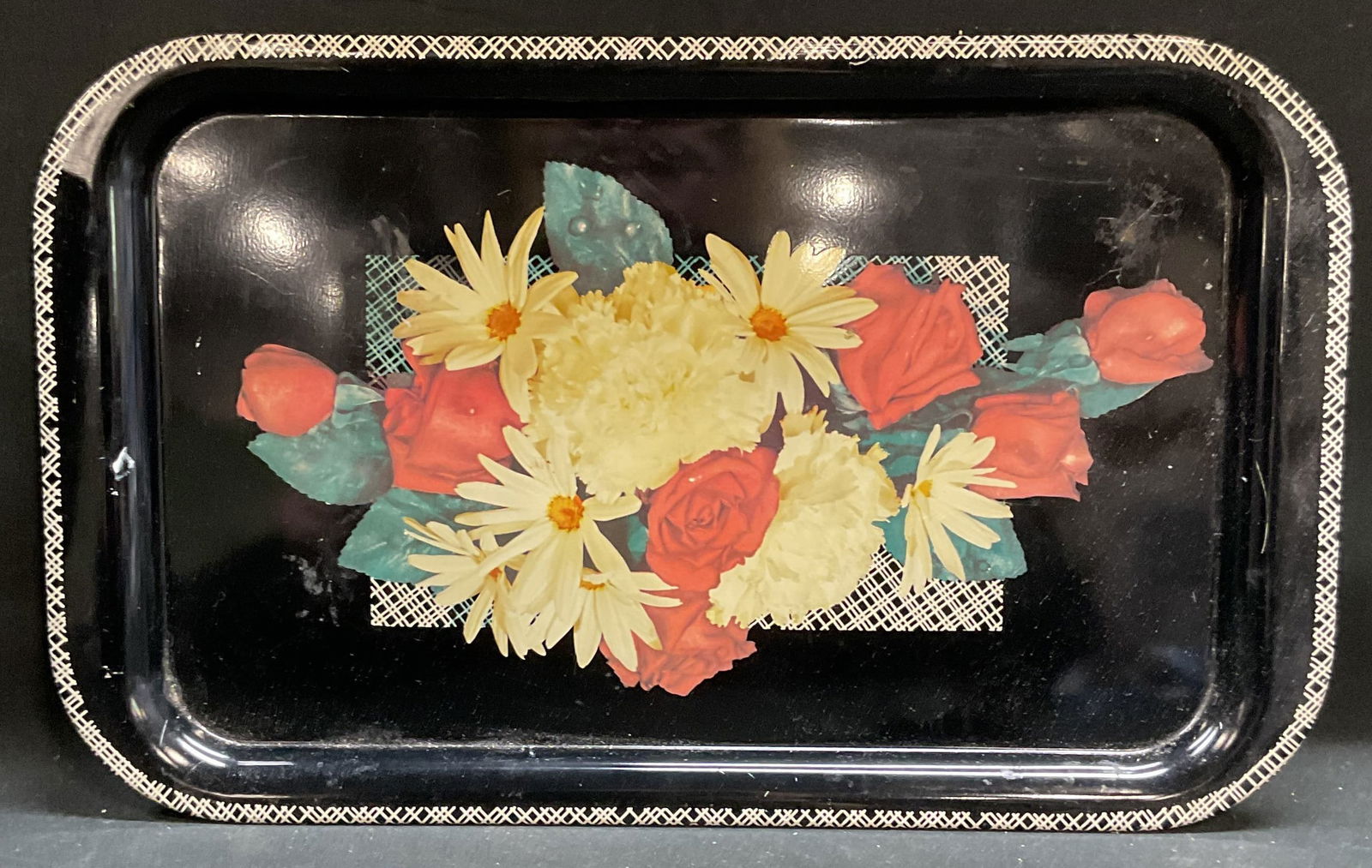 Vintage Black Floral Print Tole Tray Platter (1 of 6)