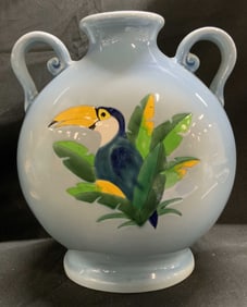 NT Vntg Hand Painted Toucan Double Handled Vase