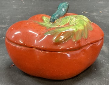 Vtg Signed Majolica Tomato Dish with Lid Italy