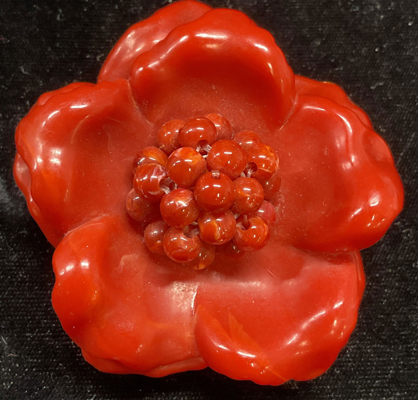 Vtg Molded Red Beaded Flower Brooch 2.5 In: Vintage molded flower brooch with red beaded decoration. Measures approx 2.5 inches wide. Some scratching. Jewelry, estate jewelry, cocktail jewelry, fashion jewelry, accessories, fashion accessories,