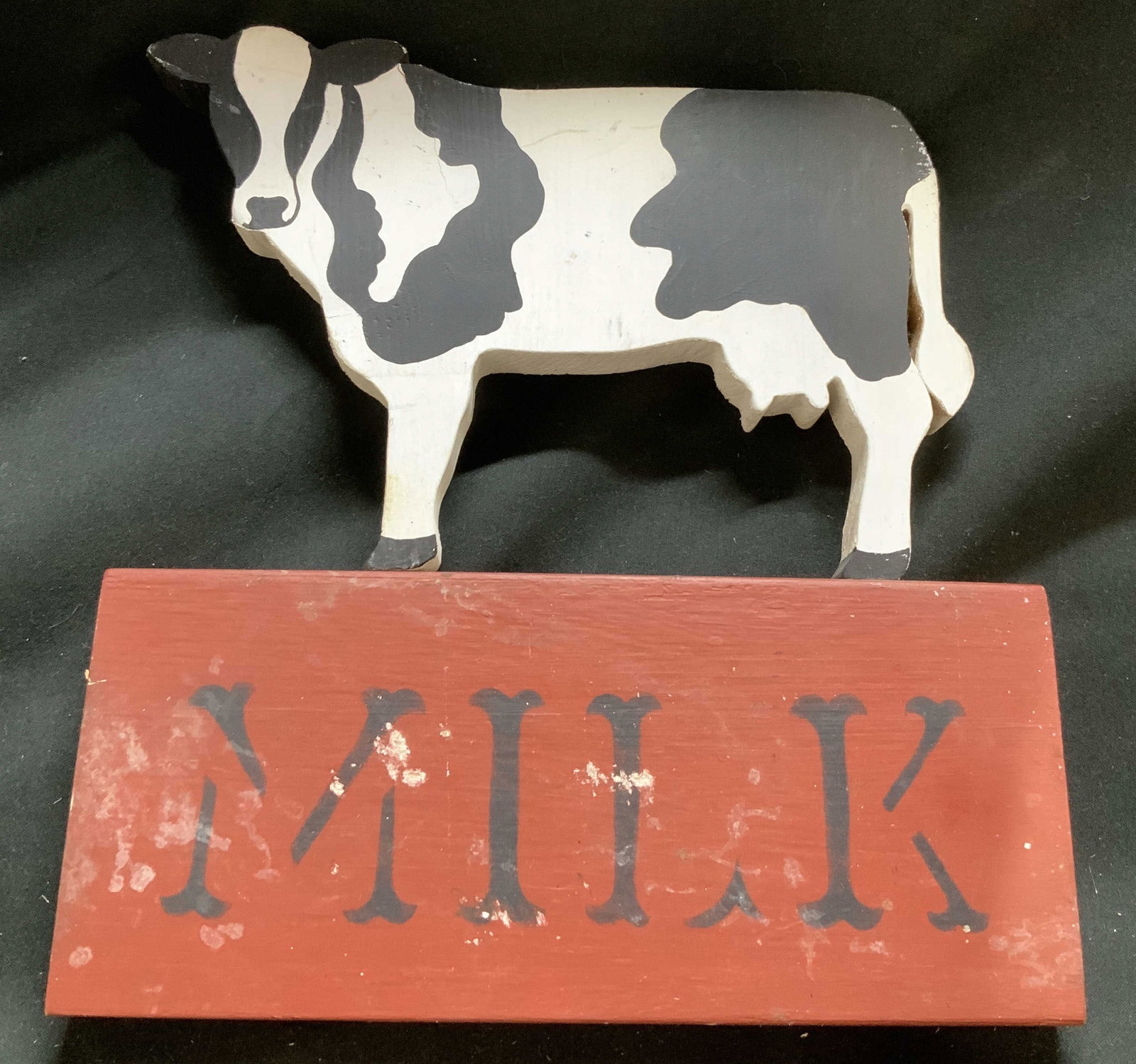 Cedar Hill Farm Country Crafts Sign USA: Farmhouse sign is made of wood & features a black & white cow standing on a red block with the word MILK. Signed & marked on underside. Reads, CEDAR HILL FARM. COUNTRY CRAFTS. Upper Marlboro MD (Maryl