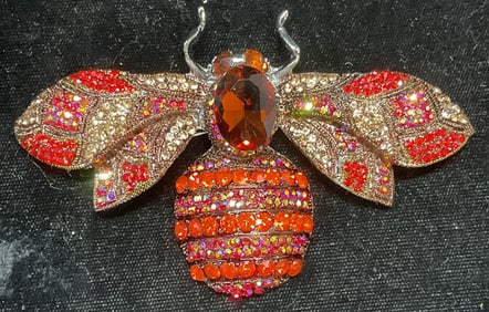 XL Red Crystal Bee Insect Brooch, 4 In Wide