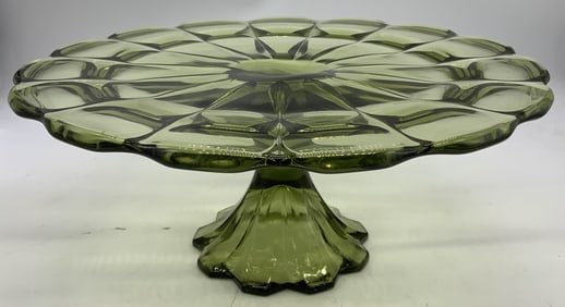 Vntg Green Pressed Glass Pedestal Cake Stand