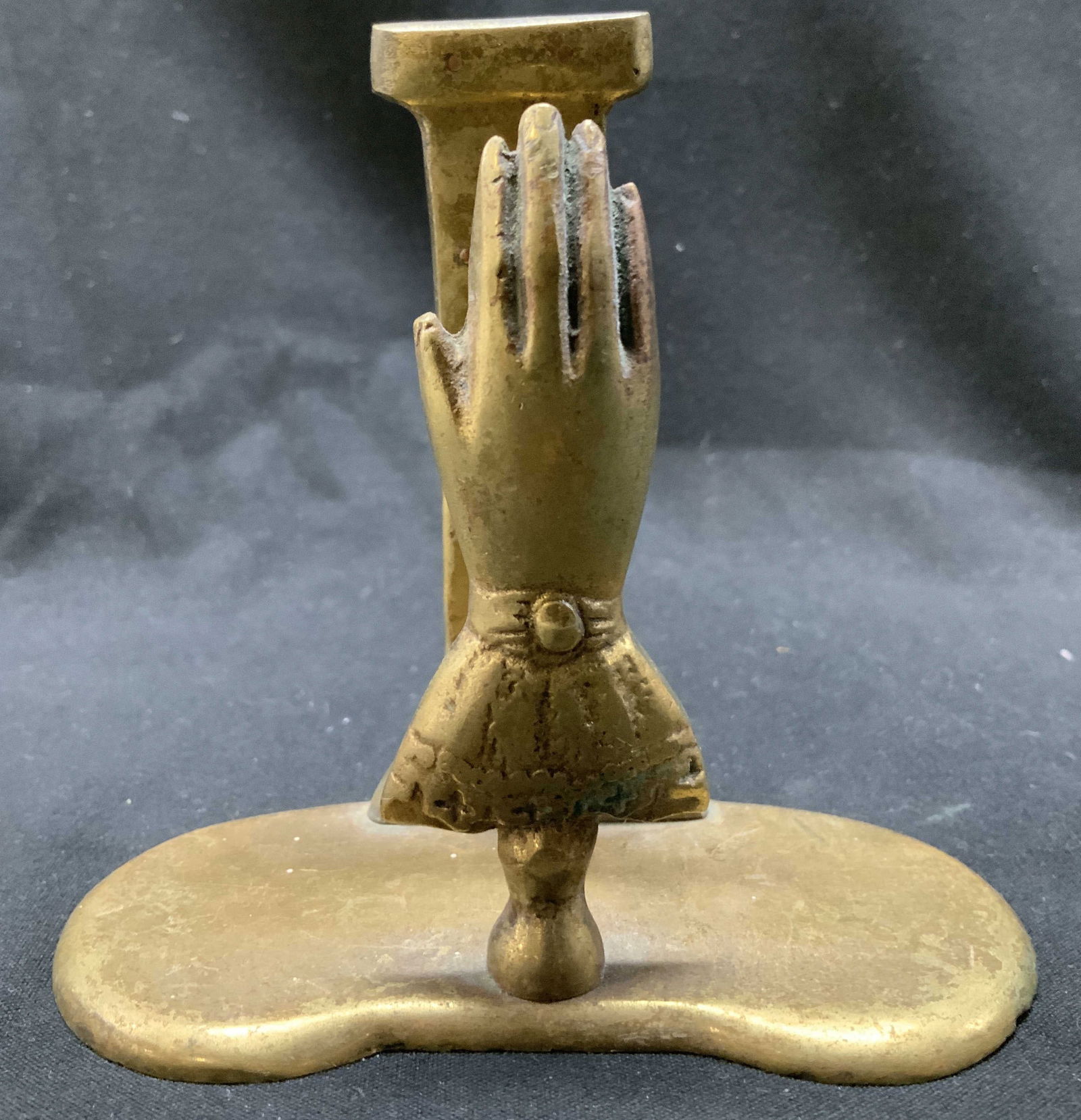 Vntg Brass Gloved Hand Letter Holder: Vntg Brass Gloved Hand Letter Holder. Victorian style. Holder is made of brass material & features a gloved hand mounted on a base that is used as a letter holder. Surface wear consistent to age, use