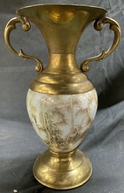 Teal Delftware Vntg Brass Vase W Handles