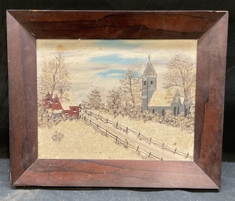 Framed Winter Country Scene Oil Painting