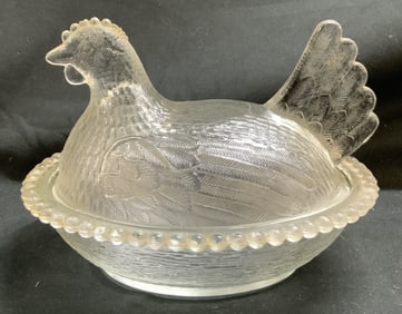 Vintage Glass Clear Hen On Nest Covered Dish
