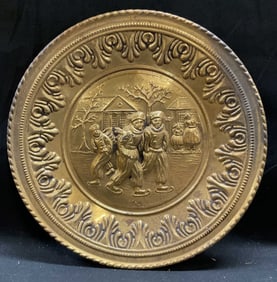 Brass Relief Figure Village Scene Plaque, England