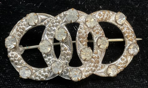 Antique Silver Tone Crystal Open Circle Brooch