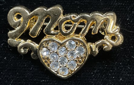 Vintage Gold Tone Crystal Mom Heart Brooch