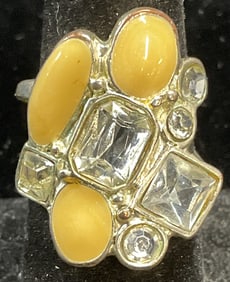 Vintage Silver Tone Crystal Enamel Ring