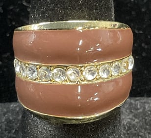 Vintage Gold Tone Red Enamel Crystal Ring