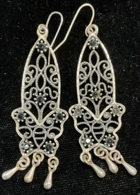 Silver Tone Butterfly Filigree Crystal Earrings