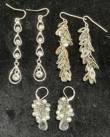 Lot 3 Silver Tn Faux Pearl Crystal Earrings
