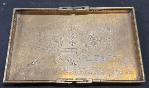 Vintage Etched Brass Chinese Scene Tray