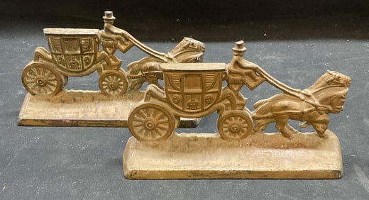 Pair Antique Hubley Cast Iron Stagecoach Bookends