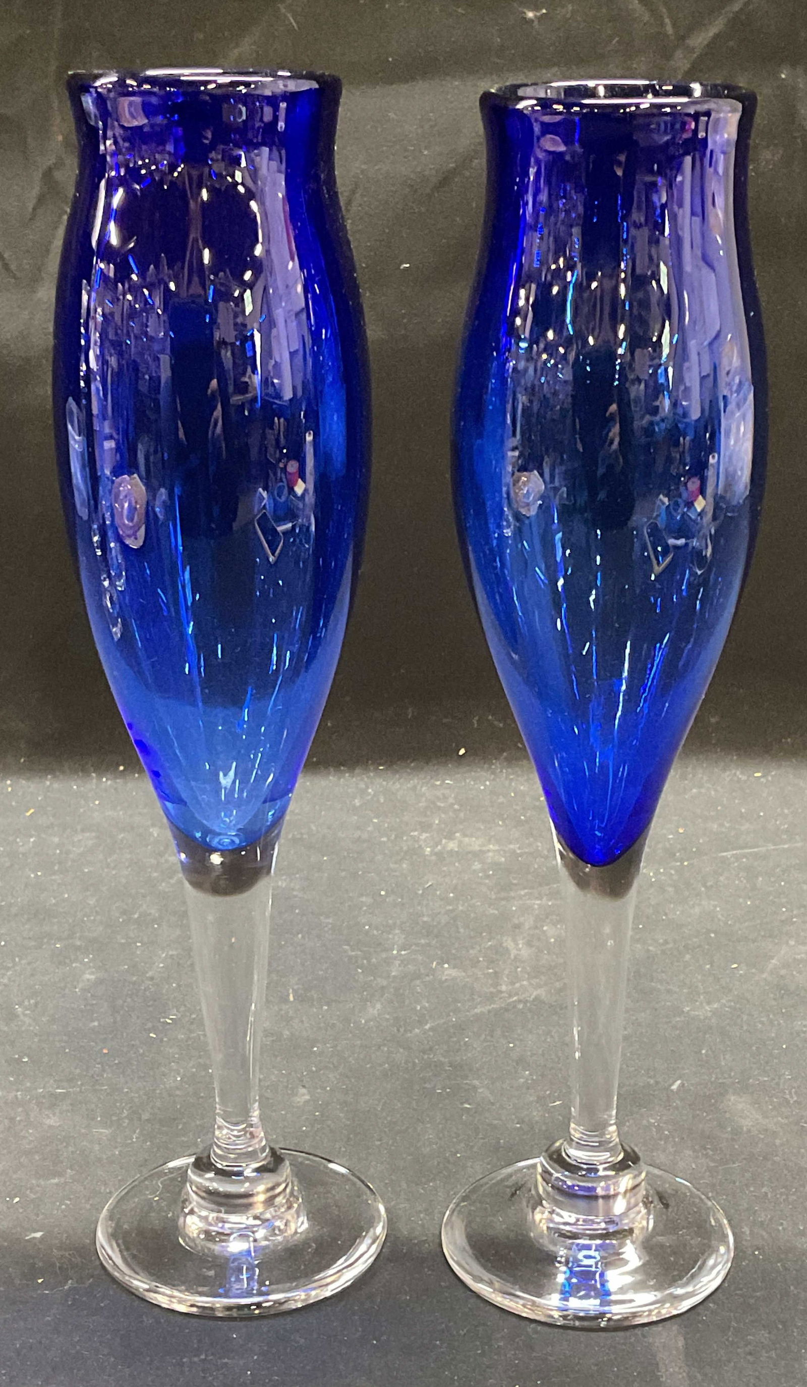Pair Signed Hand Blown Cobalt Clear Stemware (1 of 6)