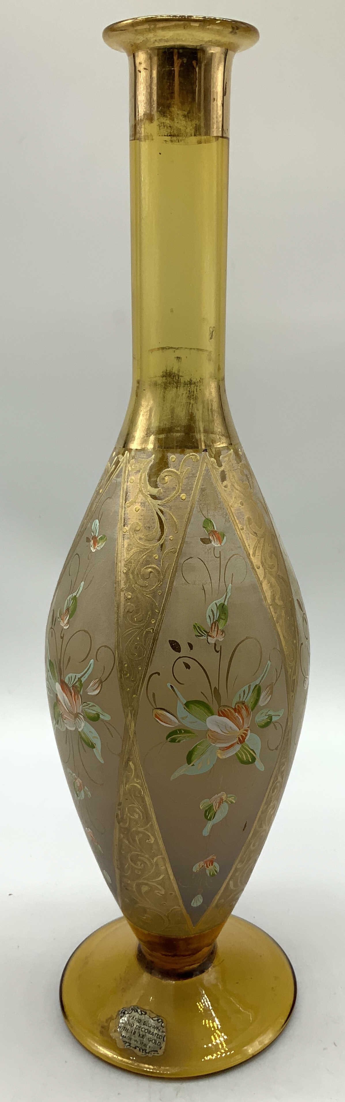 Vntg Hand Blown Painted Floral24k Amber Vase ITALY: Vntg Hand Blown Painted Flor 24k Amber Vase ITALY Vase is hand blown & features an amber color with hand-painted floral motifs. Vase features intricate 24k gold detailing. Signed & marked. Reads, HAND