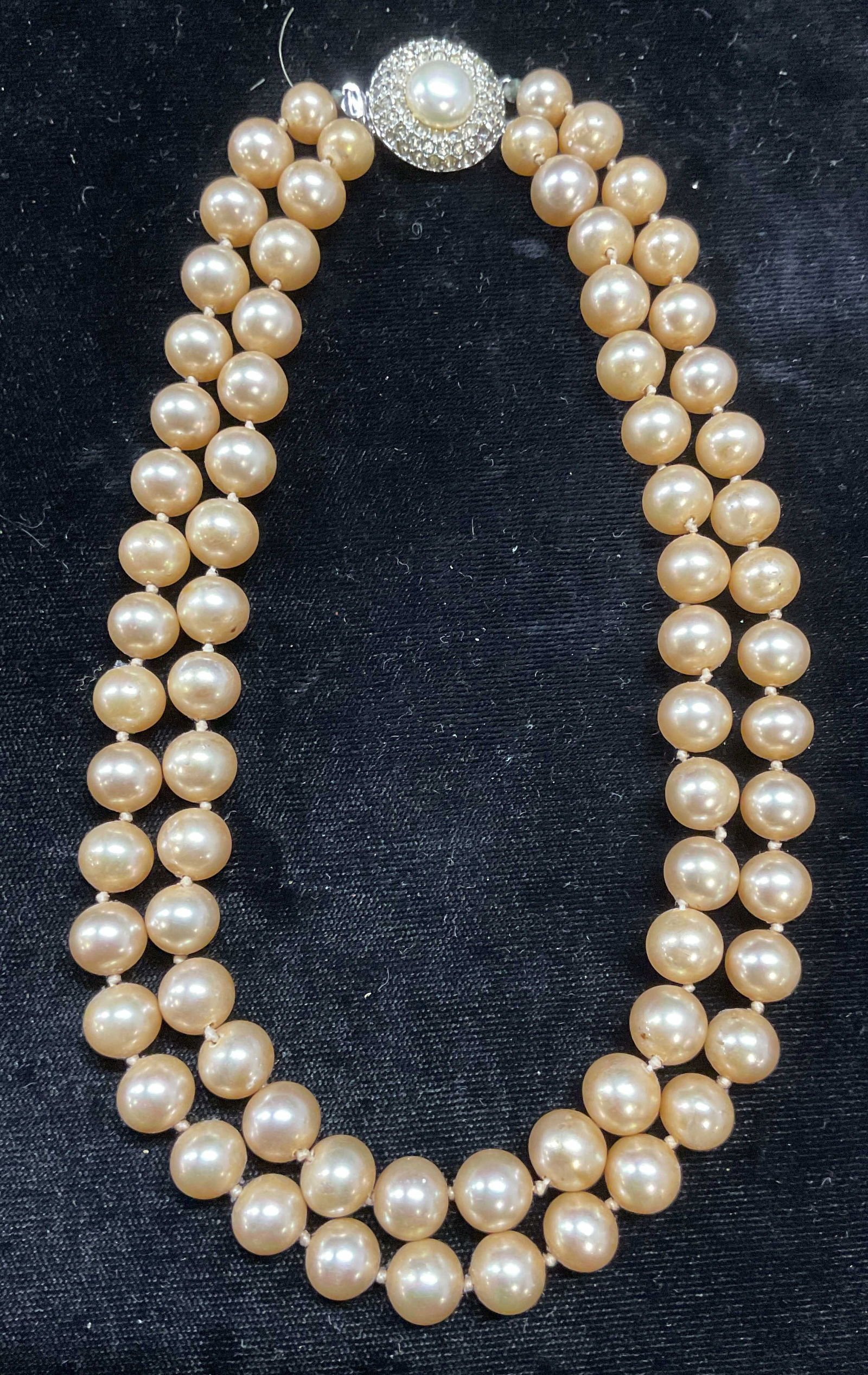Vintage Double Strand Faux Pearl Choker Necklace: Vintage double strand faux pearl beaded choker Necklace with Crystal clasp. Drop length approx 6.75 inches. Some crystals need replacement. Some scratching observed. Jewelry, estate jewelry, costume j