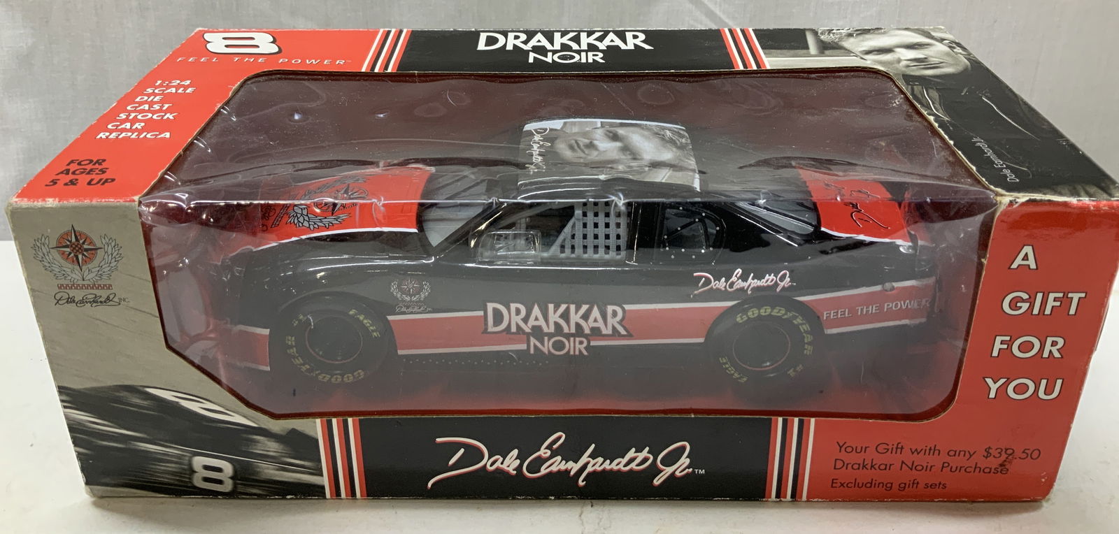 Dale Earnhardt #8 1:24 Die-Cast Metal Car W Box: 1:24 die-cast stock car replica of Dale Earnhardt famous NASCAR driver & Drakkar Noir fragrance brand as a sponsor. Car replica comes with original box. Surface wear consistent to age, use & exposure.