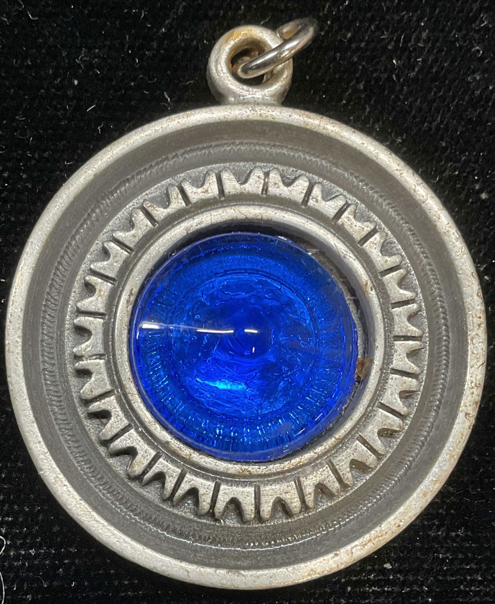R Tennesmed Pewter Glass Pendant, Sweden: R Tennesmed round pewter pendant with blue glass cabochon. Signed. Made in Sweden. Measures approx 1.25 inches wide. Some scratching. Jewelry, estate jewelry, cocktail jewelry, fashion jewelry, access