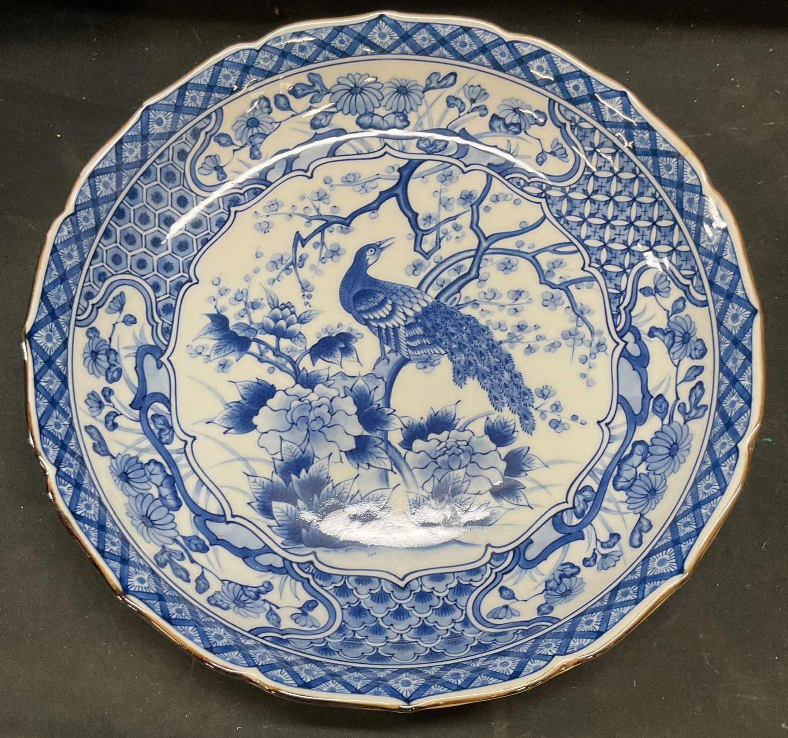 Signed Blue & White Porcelain Peacock Bowl, Japan (1 of 6)