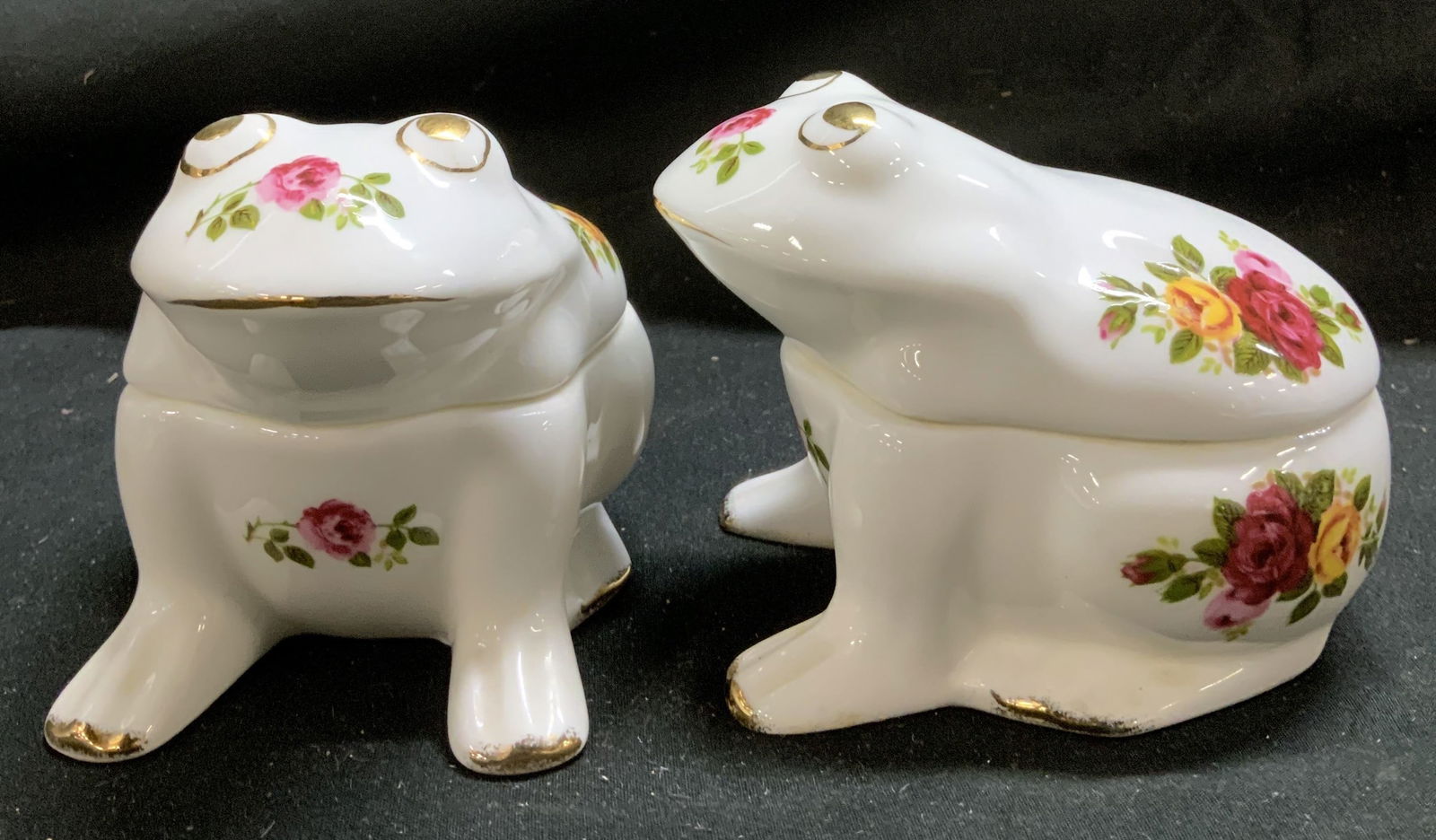 Pr Royal Bone China Cottage Rose Frog Trinket Bxs: Pair Royal Bone China Cottage Rose Frog Trinket Box Trinket box depicting a frog with a cottage rose pattern with pink & yellow roses. Frog features gold accents. Signed & marked on underside. Reads,
