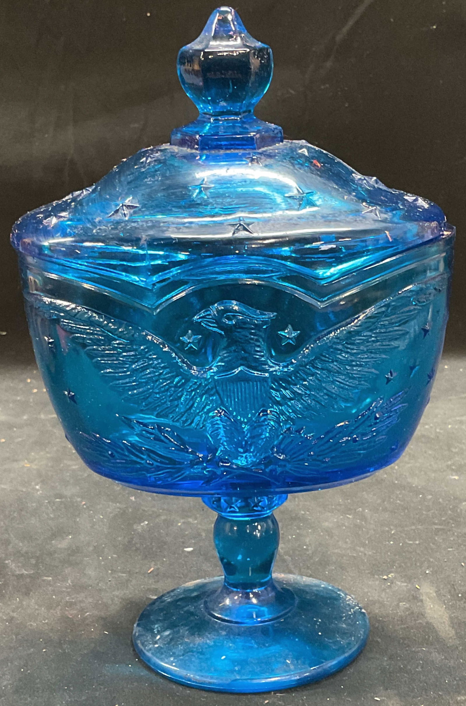 Vtg Eagle & Stars Blue Glass Footed Candy Dish (1 of 7)