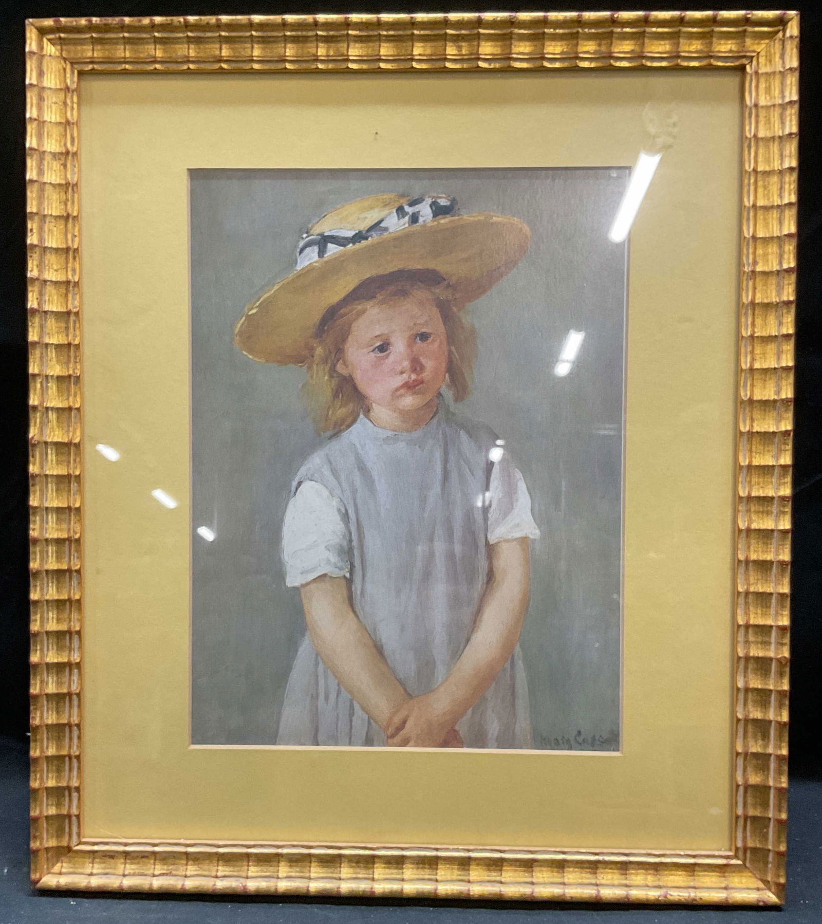 Framed After Cassatt Child Straw Hat Lithograph: Framed and matted lithograph. After Mary Cassatt, Child In A Straw Hat. Girl wearing dress and hat. Gilt wood frame. Not examined out of frame. Frame measures approx 16.25 x 14.25 inches. Art, fine ar